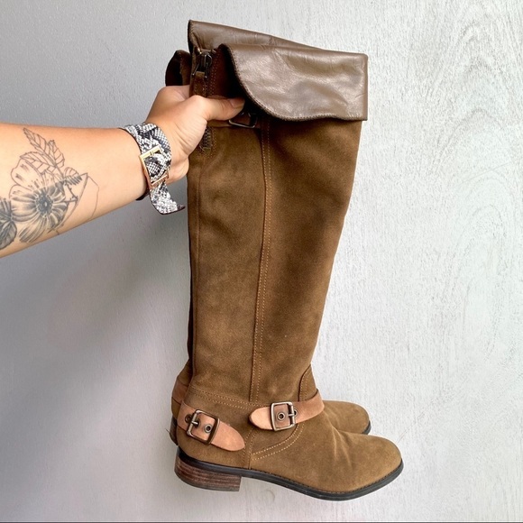 GUESS Brown Green Over the Knee Suede Boots | Equestrian Style | Buckle Details - Picture 1 of 8